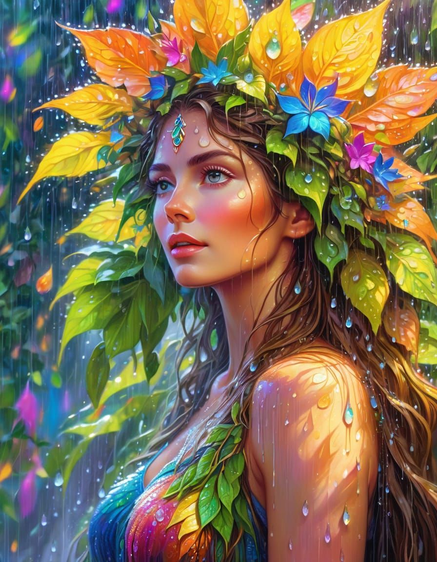 Psychedelic Dryad in Summer Rain: Fantasy Oil Painting