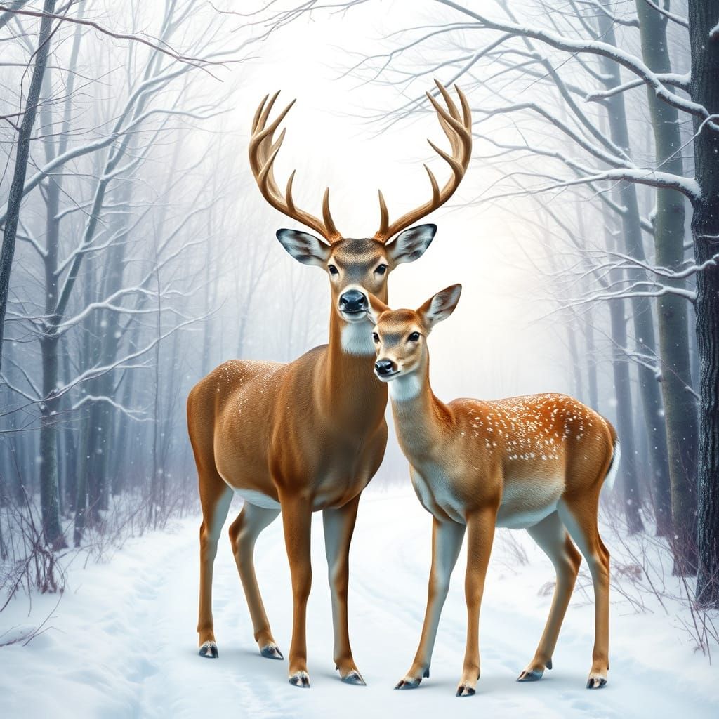Ethereal Winter Deer in Snowy Woodland Scene