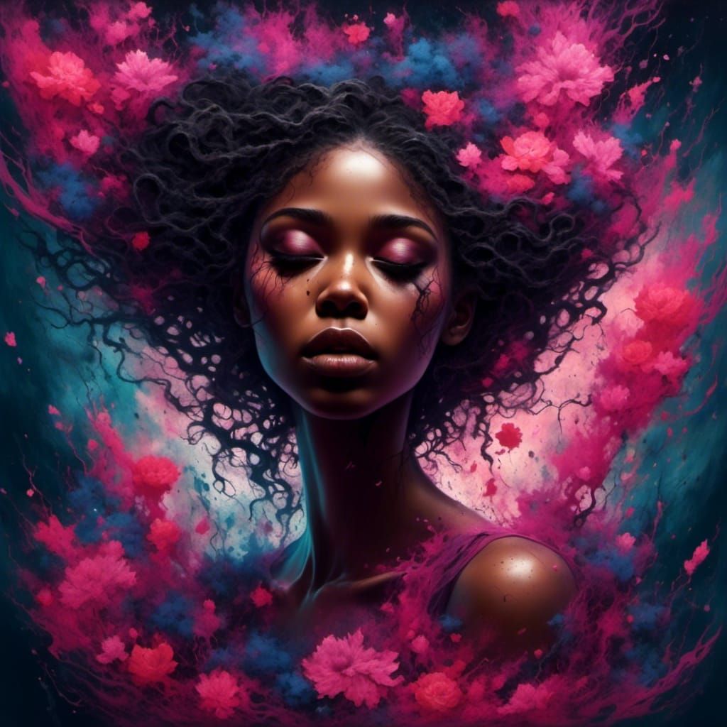 Beautiful Black Woman with Colorful Hair and Tattoo