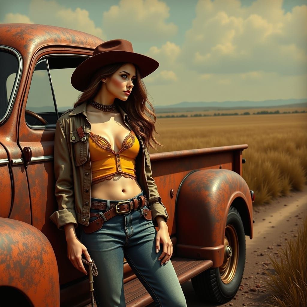 Steampunk Cowgirl Beside a Rusty Pickup Truck