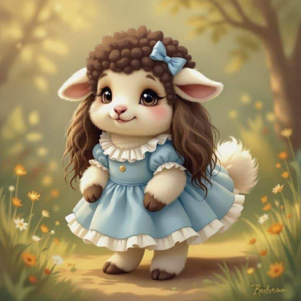 Cute Dog-Lamb Hybrid in Blue Frilly Dress