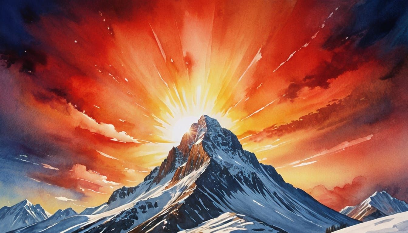 Vivid Watercolor Sunset Over Snowy Mountain Peak