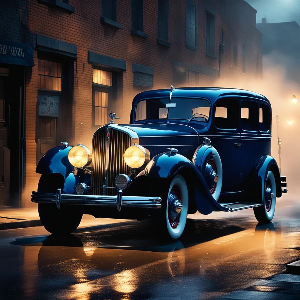 1930s Packard in Misty Alleyway: Hyper-Realistic Digital Art