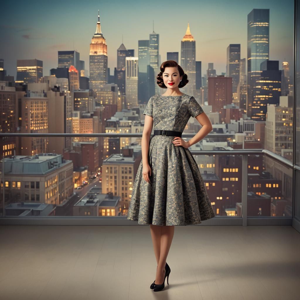 Classic 1950s Fashion Photo with Cityscape Backdrop
