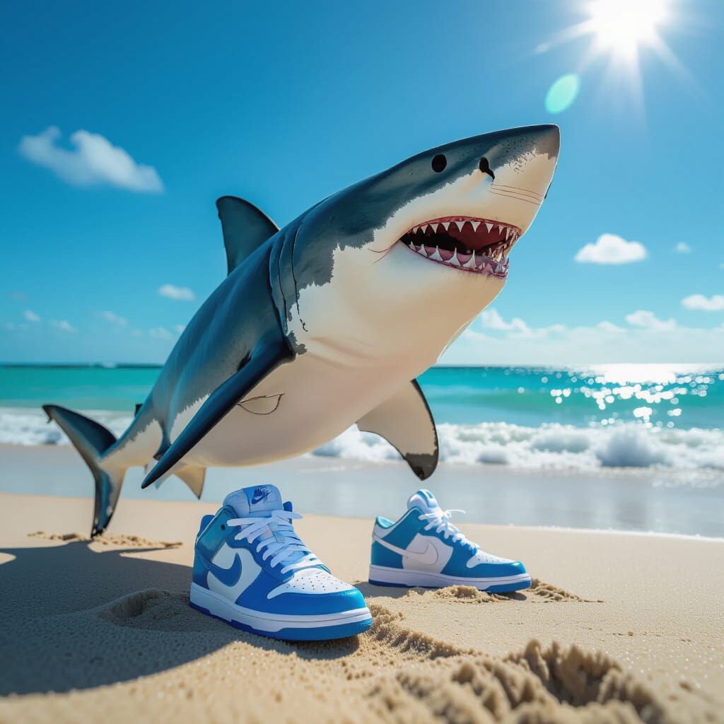 Shark Wearing Nike Sneakers on Sunny Beach