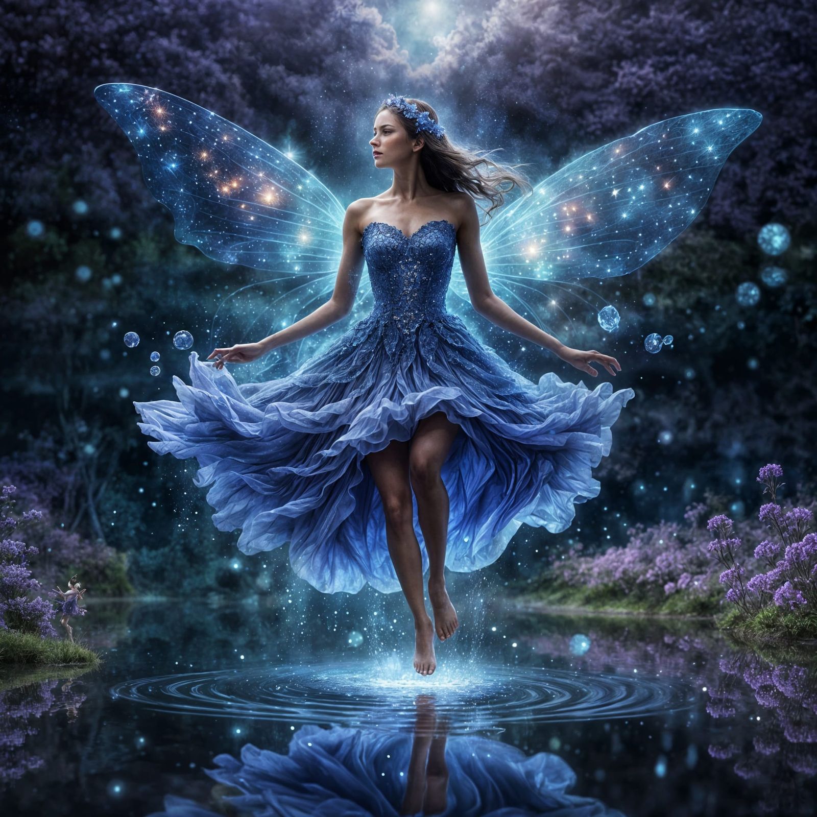 Blue Flower Fairy Emerges from Mirrored Lake
