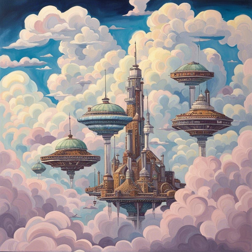 Cloud City Gouache Painting in the Sky