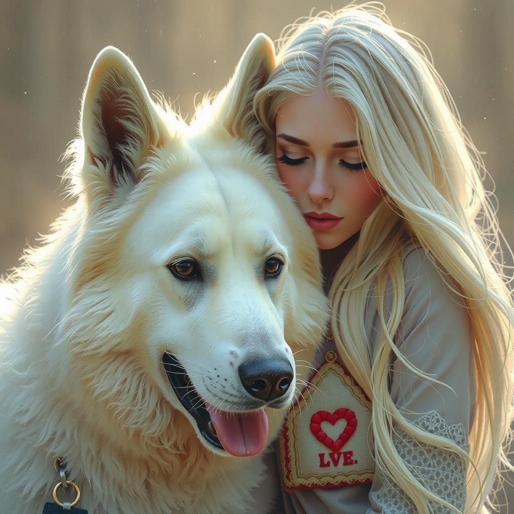 Serene Woman with White Shepherd in Dreamy Light