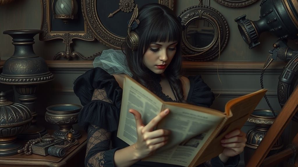 Mysterious Woman Reads Article in Digital Art Style