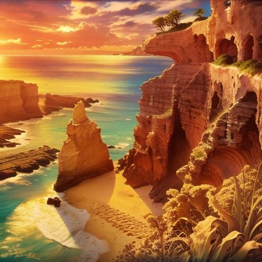 Idyllic Ocean View with Palms and Sandstone Cliffs