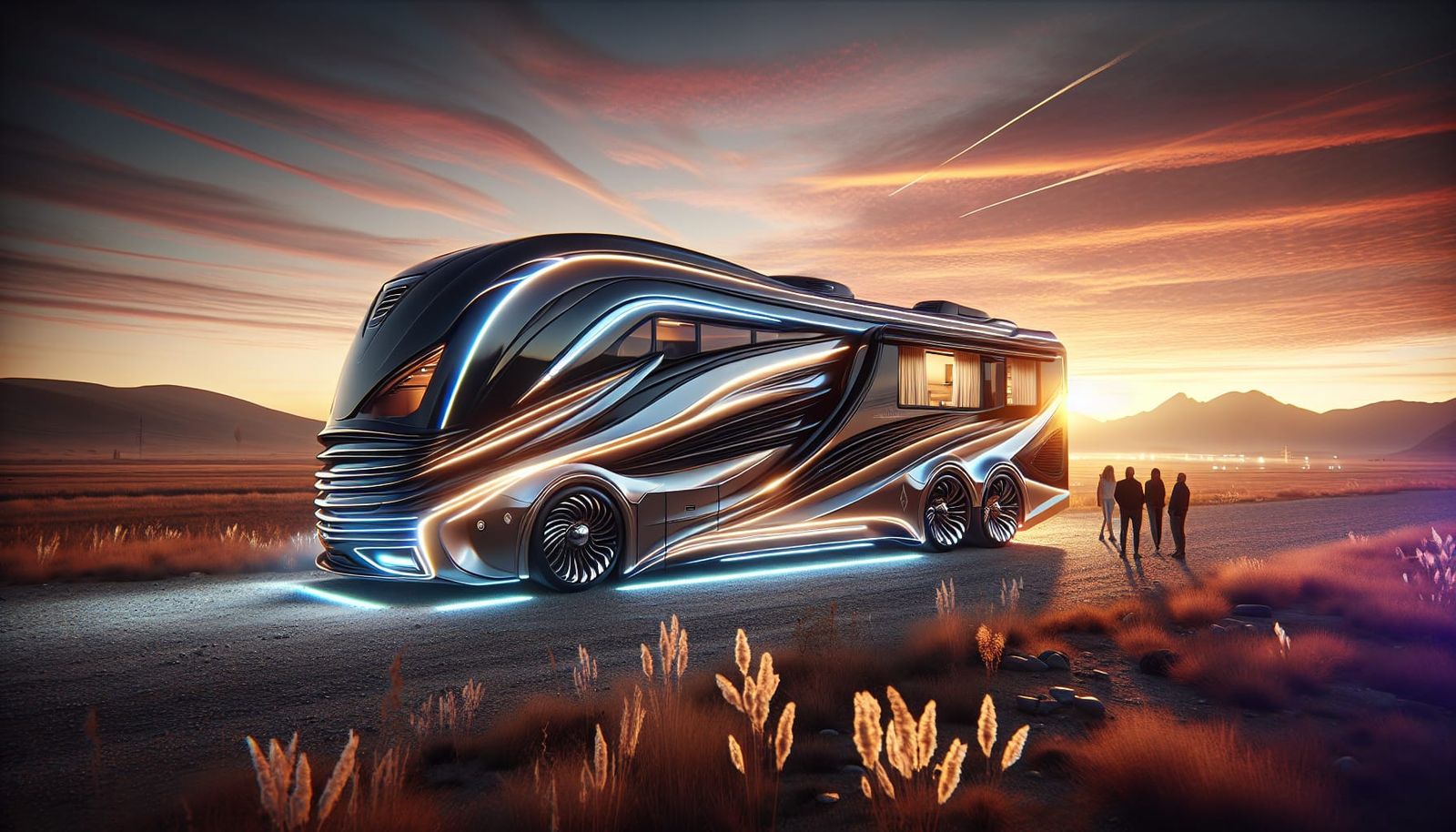 Futuristic Motorhome in Open Field at Sunset