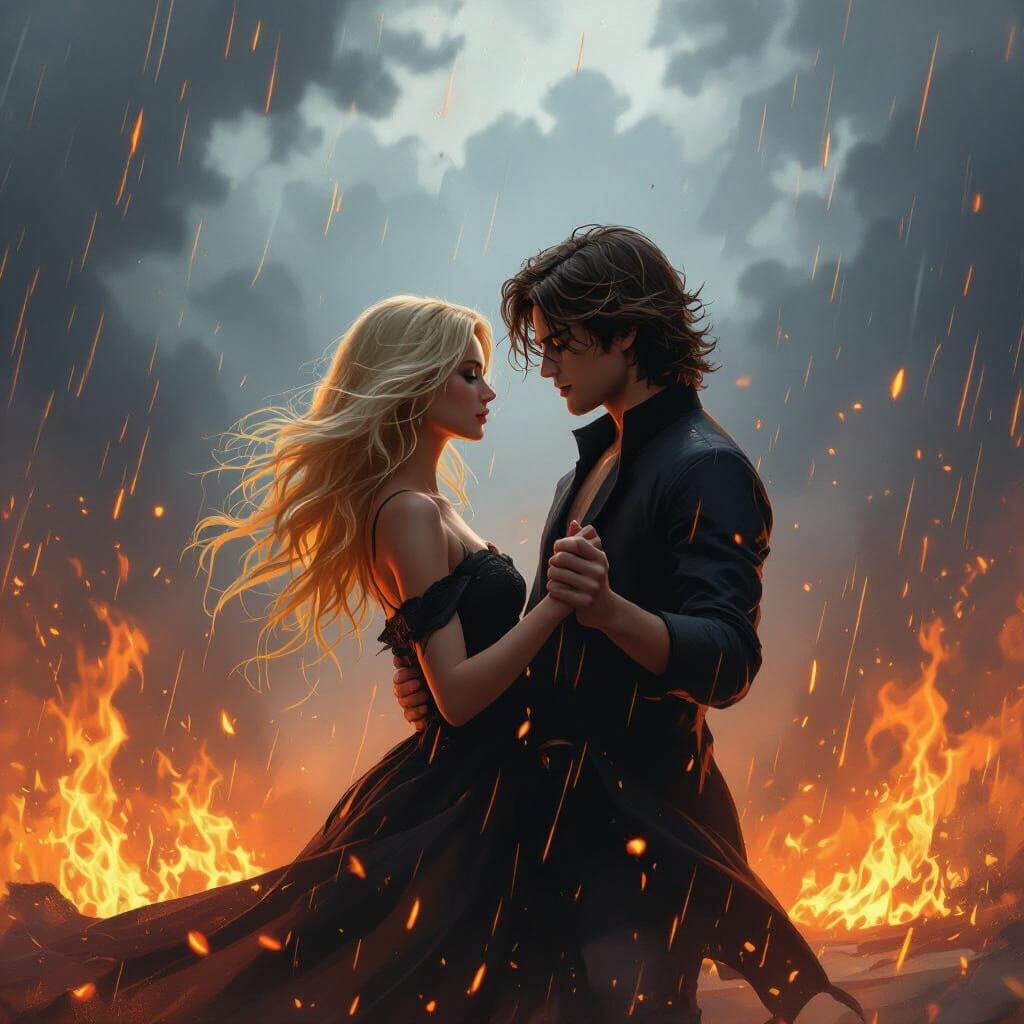 Couple Dancing Unharmed in Fiery Rain