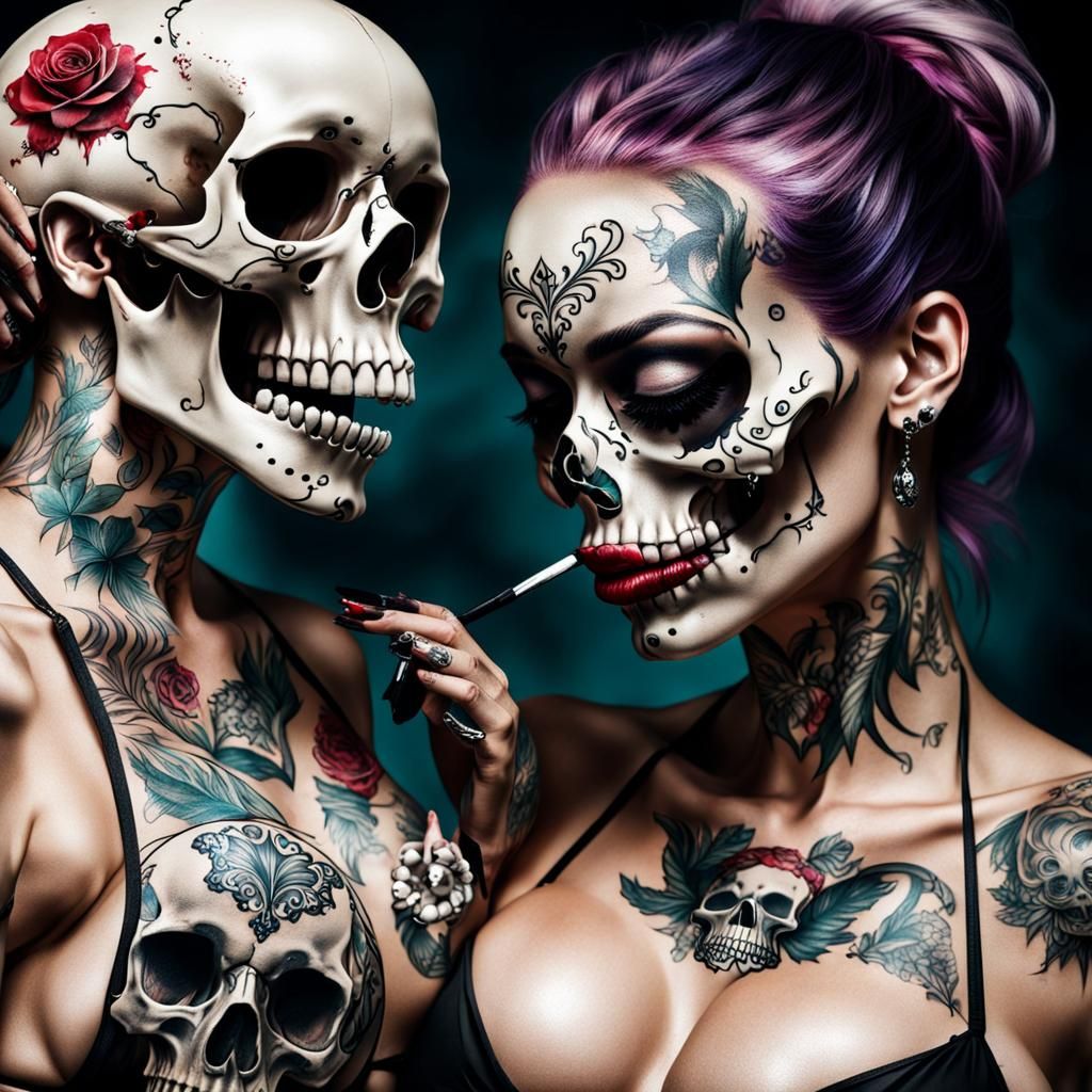 Bikini Woman Kissing Skull in Dark Art Style