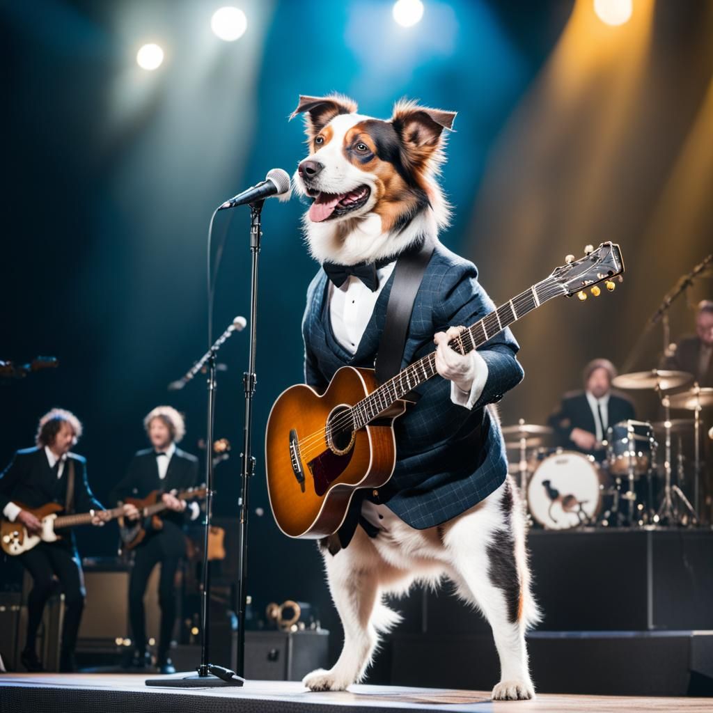 Bobtail dog dressed in mens clothes singing on stage with Paul McCartney playing his guitar