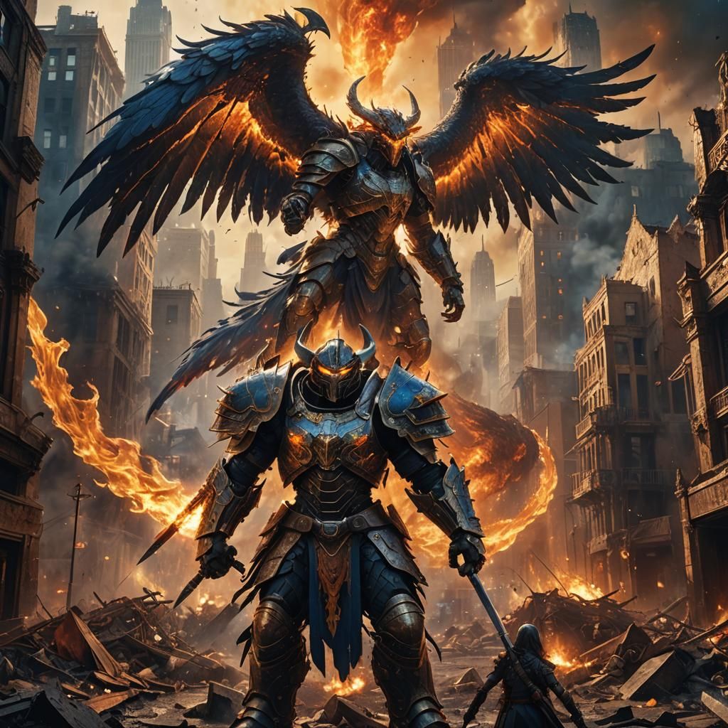 Angelic Warrior Versus Demon in Fiery Cityscape