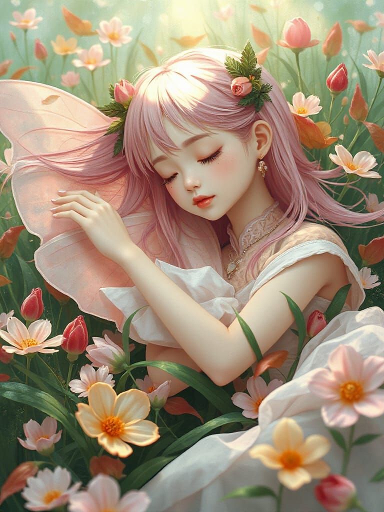 Asian Fairy Rests in Floral Field, Nature Attire