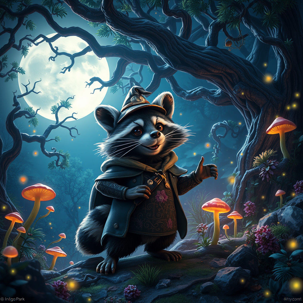 Rambley Raccoon in Mystical Forest, Digital Art