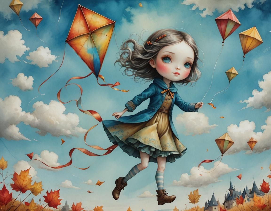 Girl with Kite in Autumn Landscape Illustration