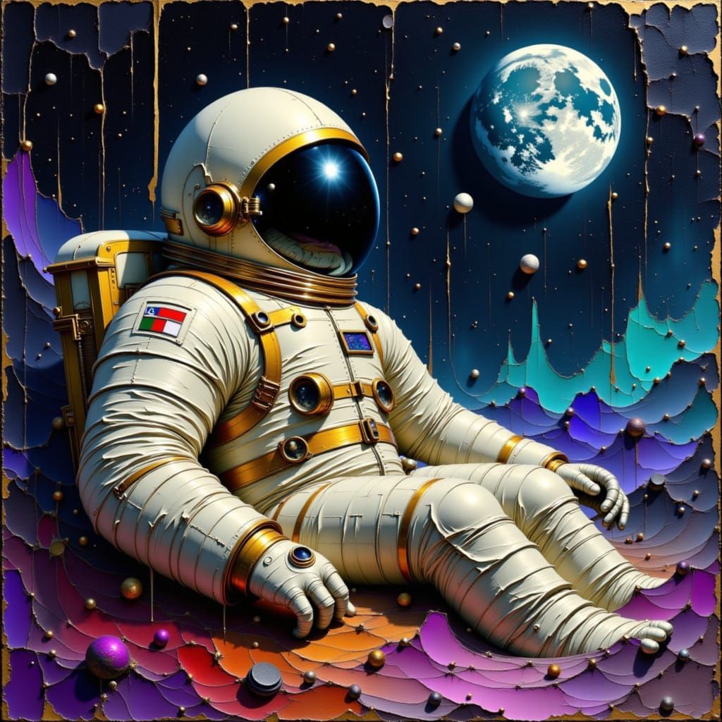 Astronaut in Spacesuit Floating in Space as Oil Painting