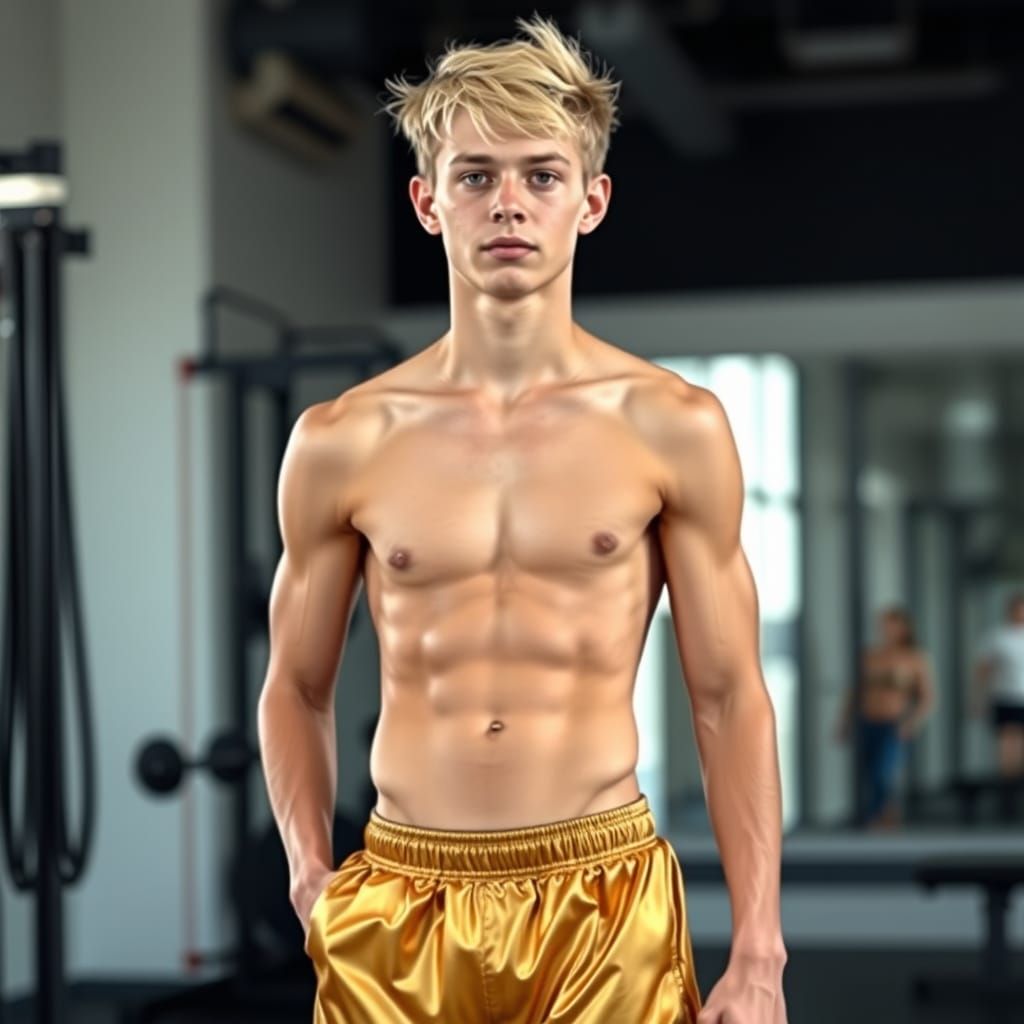 Young Man in Gold Shorts at the Gym