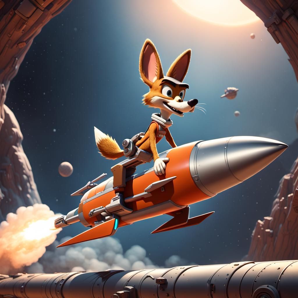 Wiley E. Coyote on a Rocket, 3D Rendered