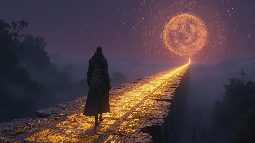 Figure Walks Golden Pathway Suspended Above Mysterious Swamp