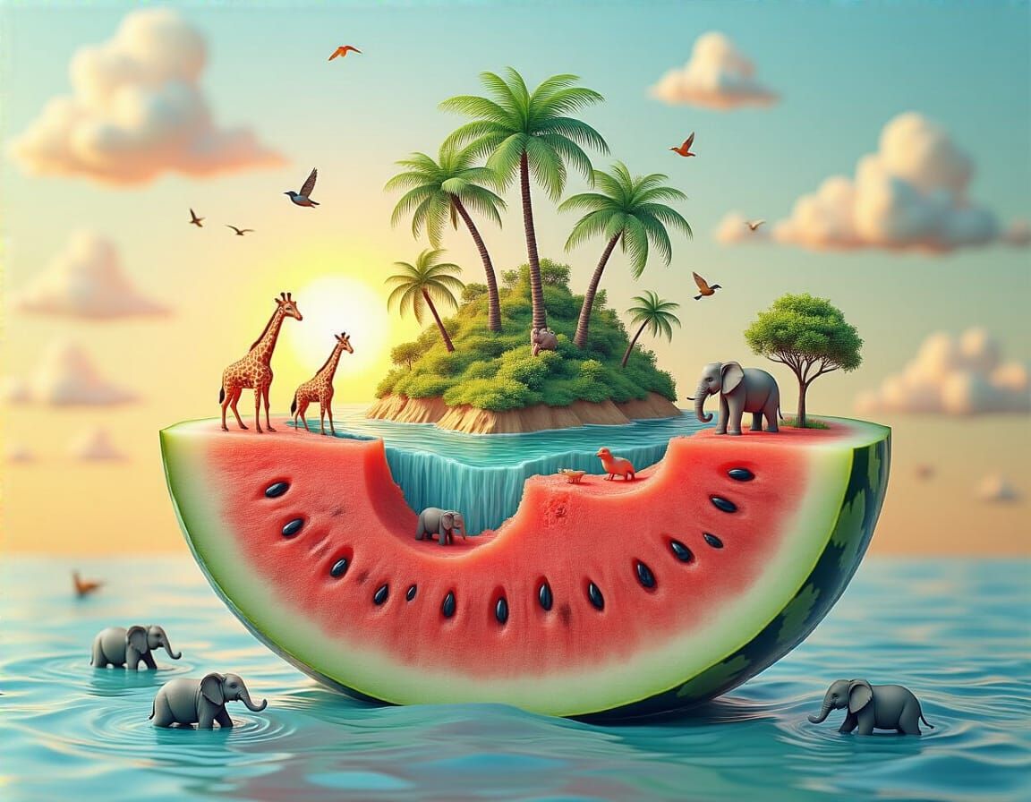 Tropical Island World Emerging from Watermelon: 3D Render