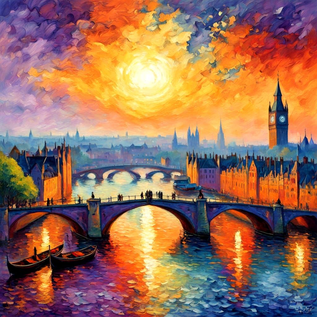Medieval London Panorama in Neo-Impressionist Style