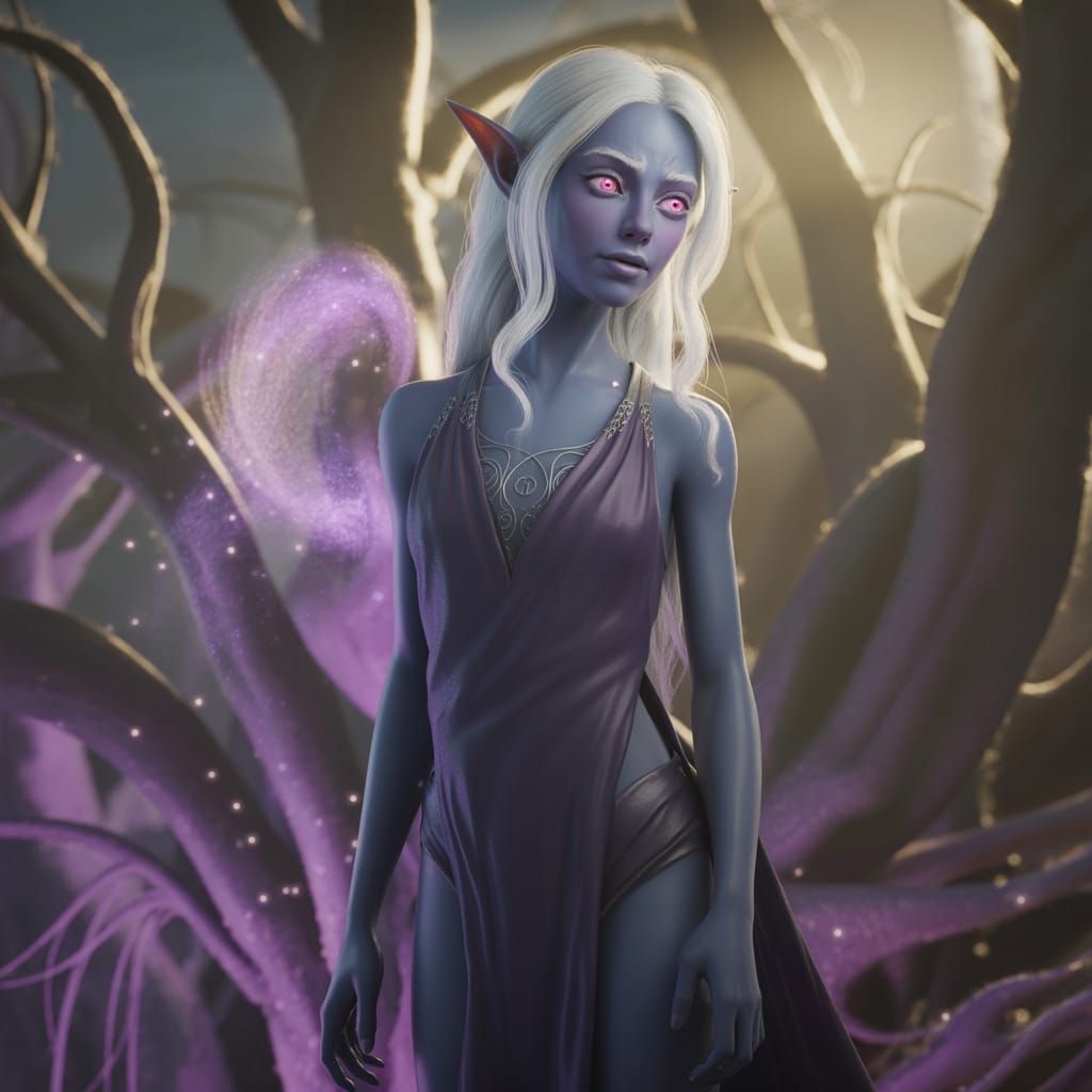 Drow Elf Woman in Moonlit Forest Cinematic Film Still