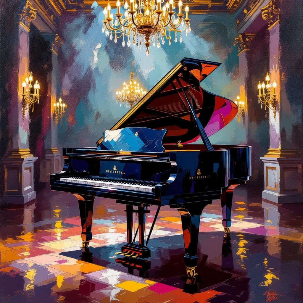Maximalist Impressionist Grand Piano in Opulent Ballroom