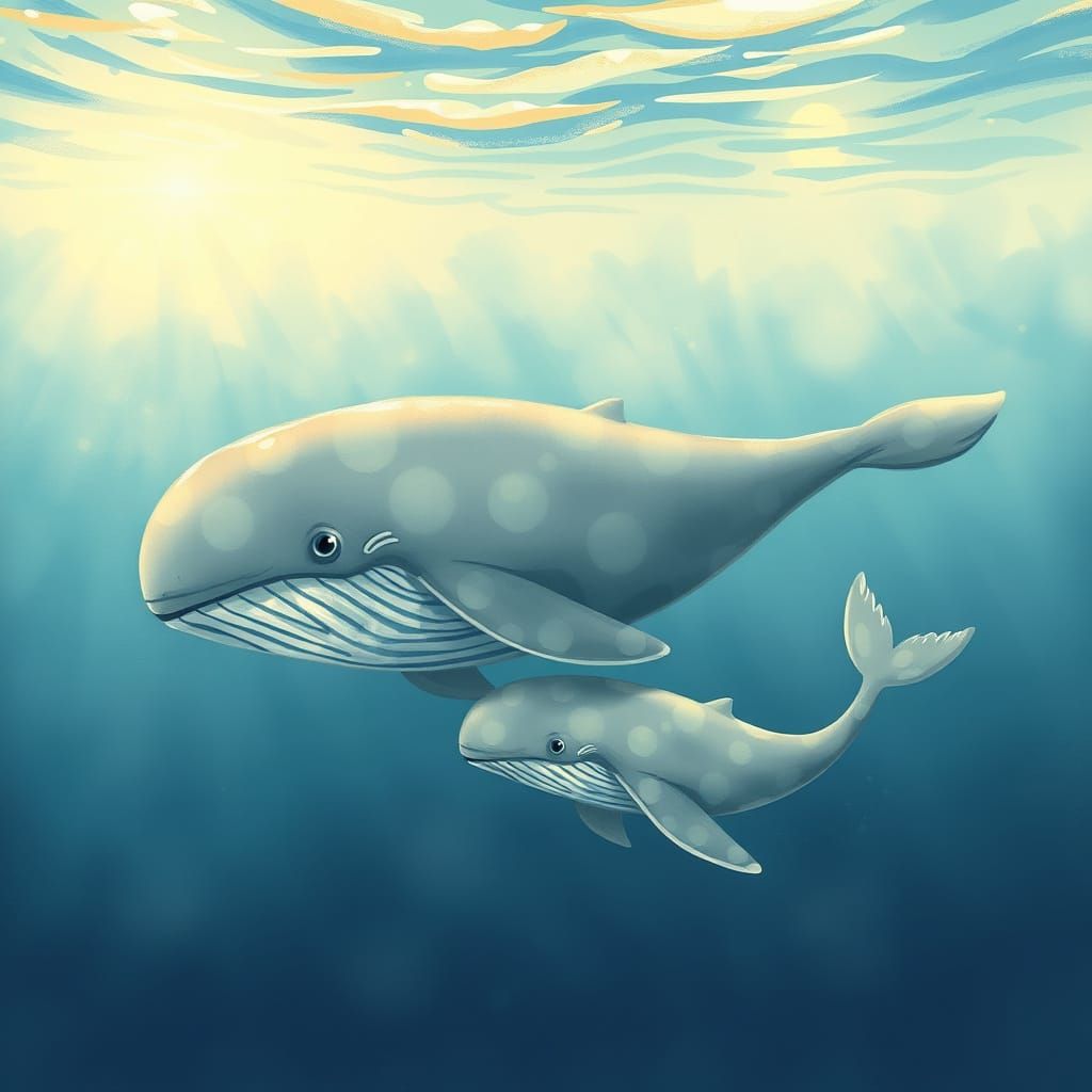 Whale and Calf in Dreamy Aquatic Style