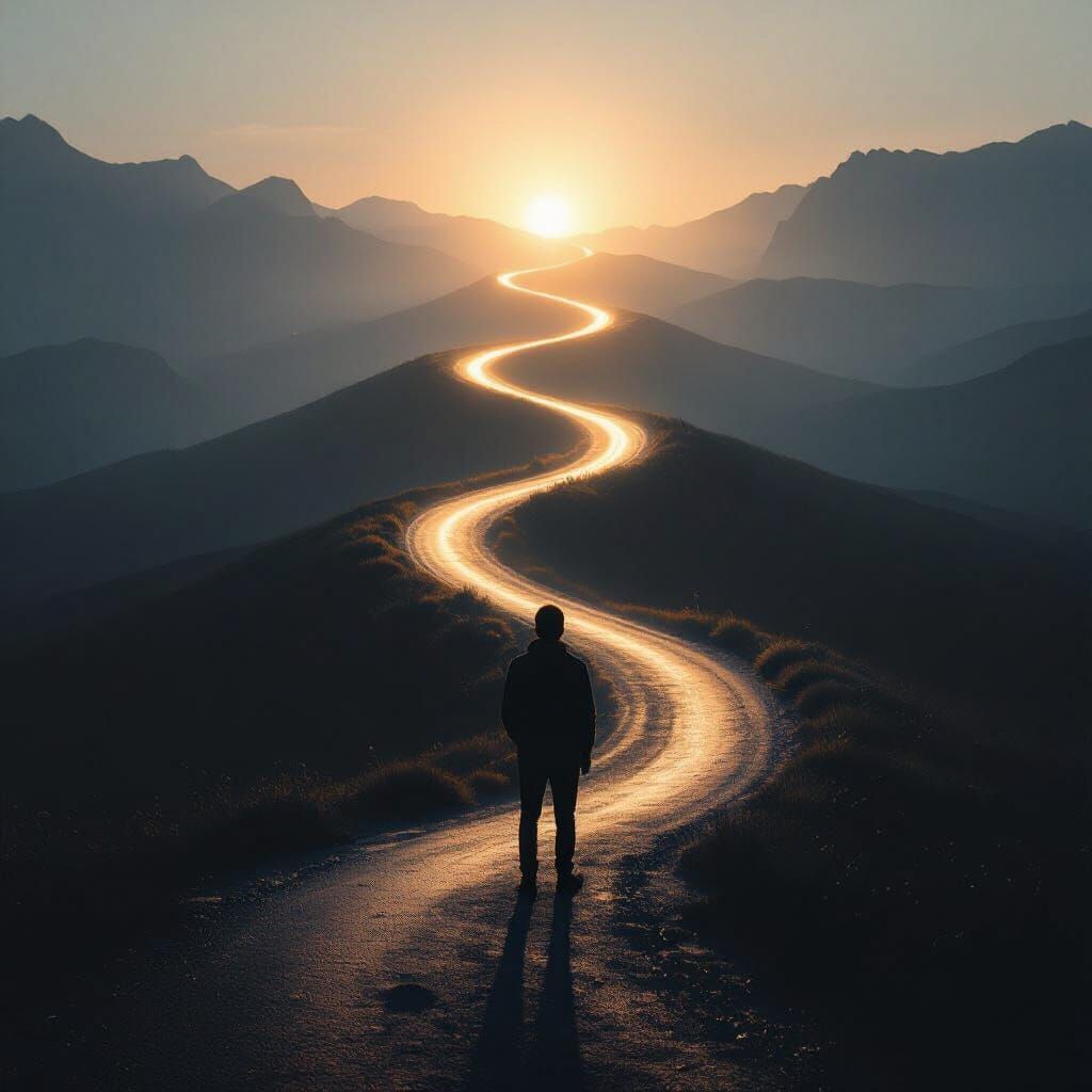 Lone Figure Gazes at Hopeful Path Emerging from Darkness