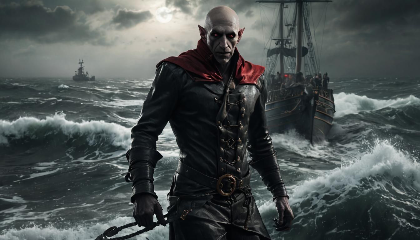 Vampire on Gothic Ship During Hurricane