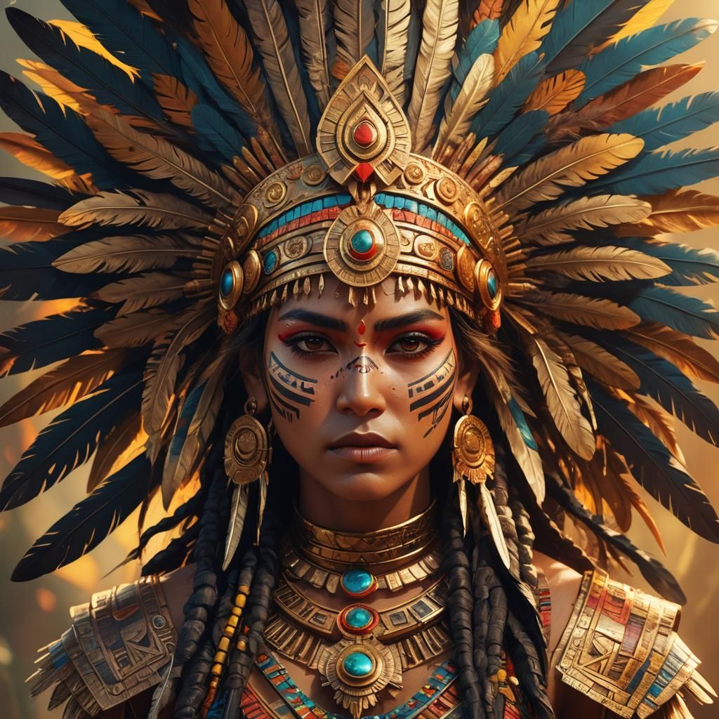 Aztec Woman in Headdress: Fantasy Art Portrait
