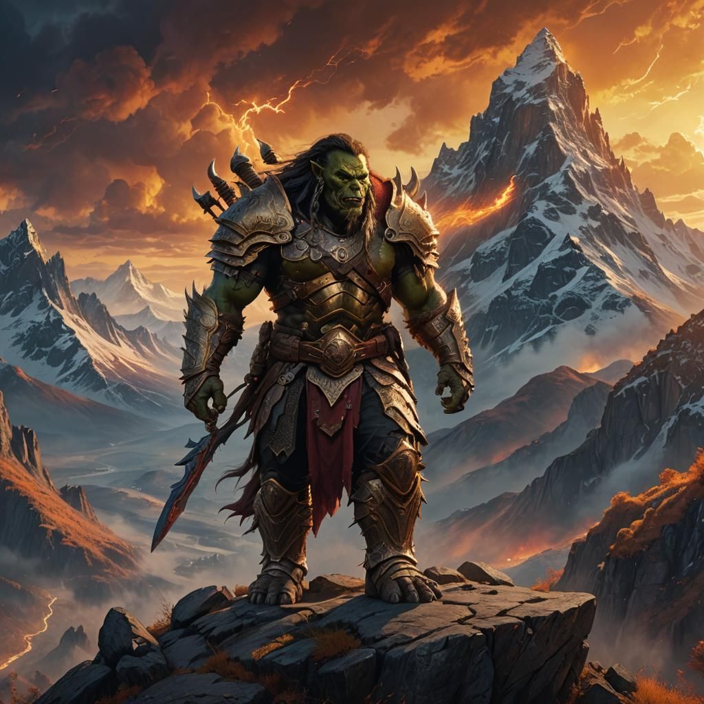 Orc Warrior on Mountain Peak in Golden Armor