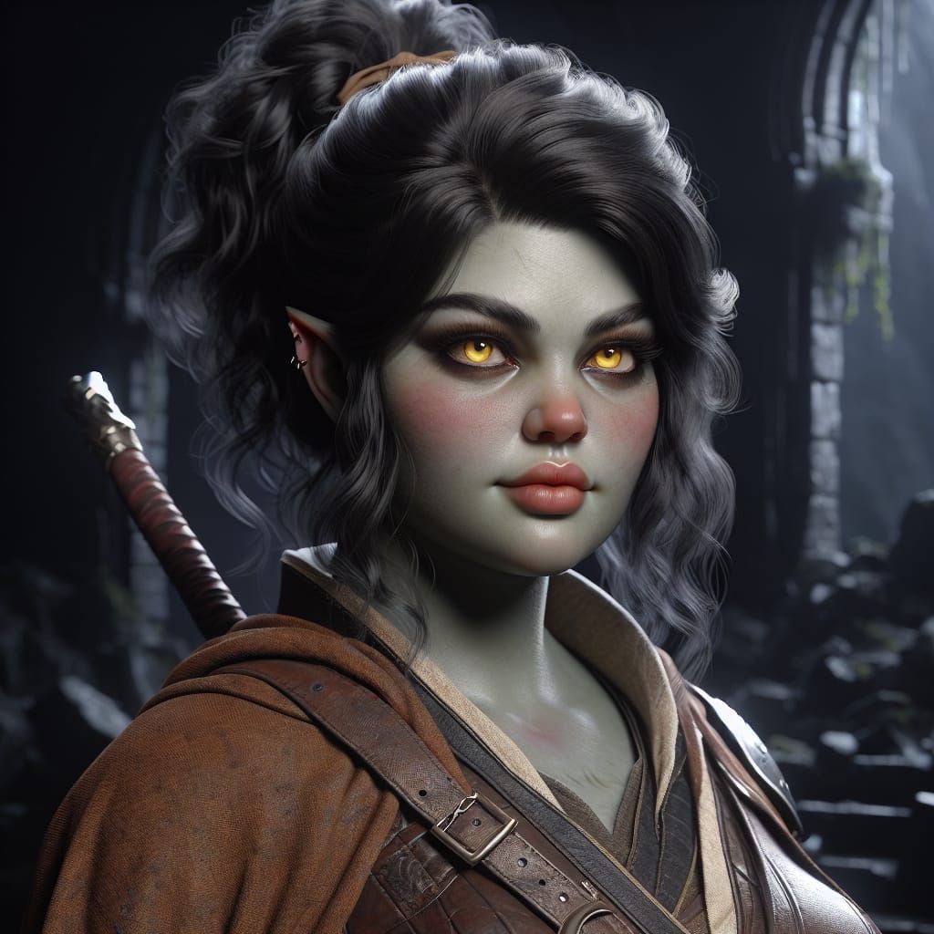 Orc Sorceress Portrait in Ruins, Hyperdetailed Art