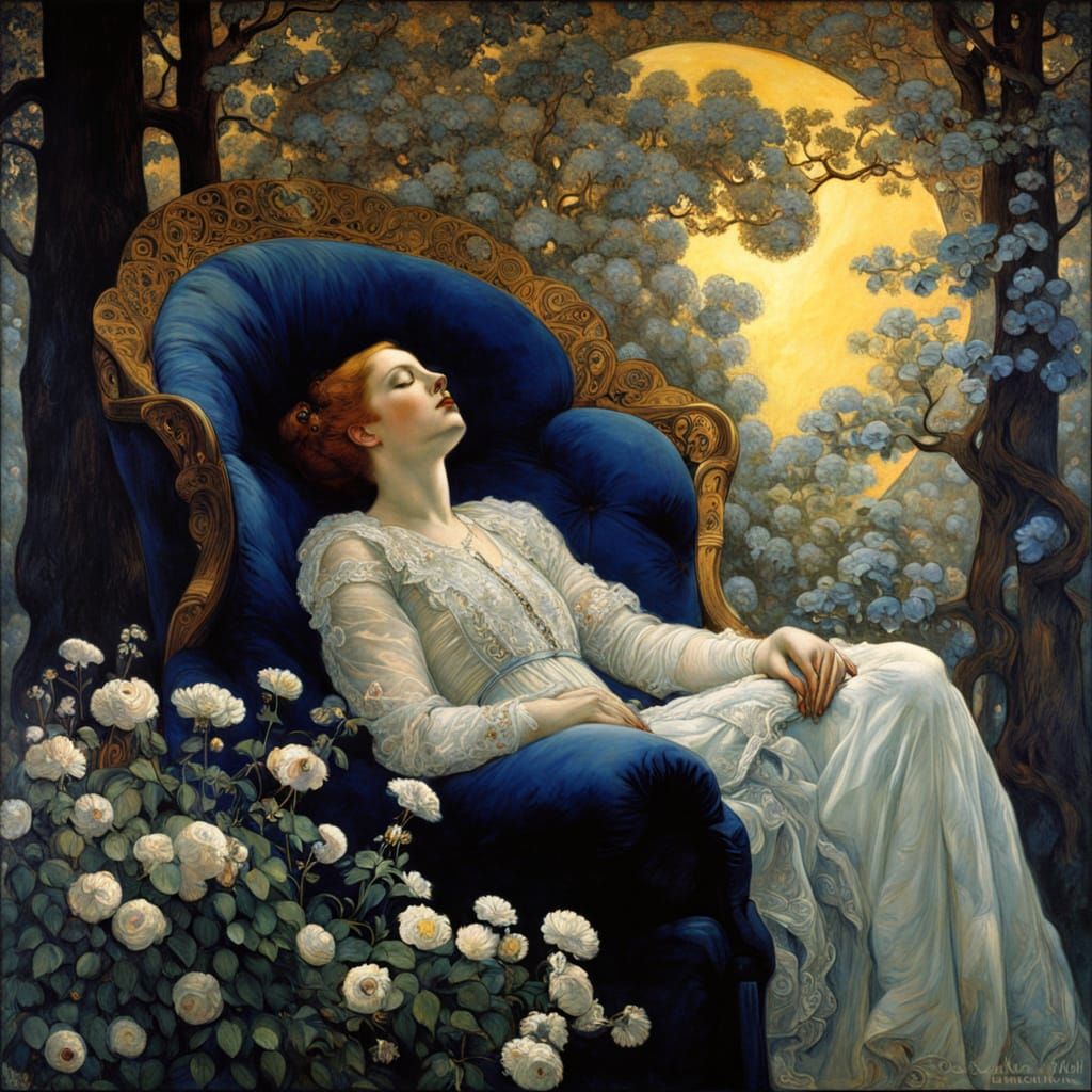 Woman in a Garden Chair Amidst Rocketry and Bloom