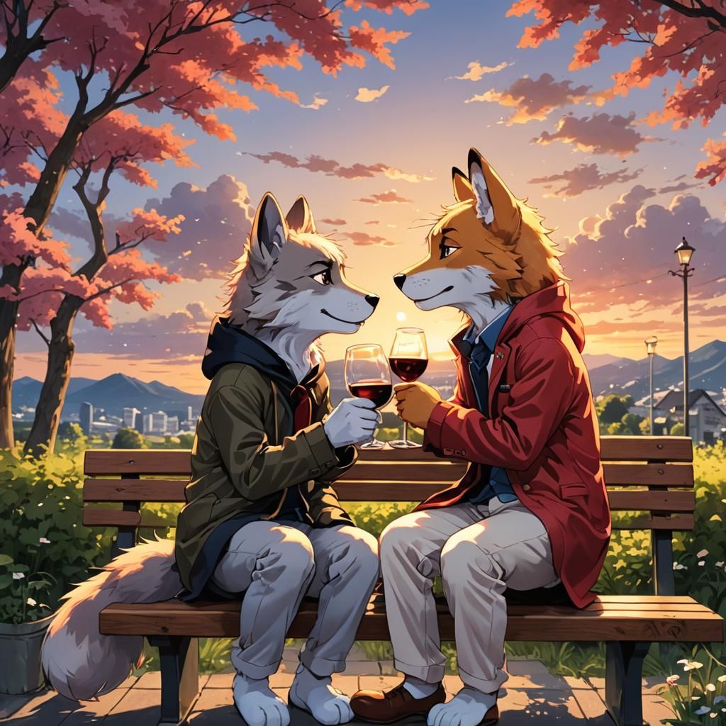 Furries in Love: Sunset Kiss in Anime Style