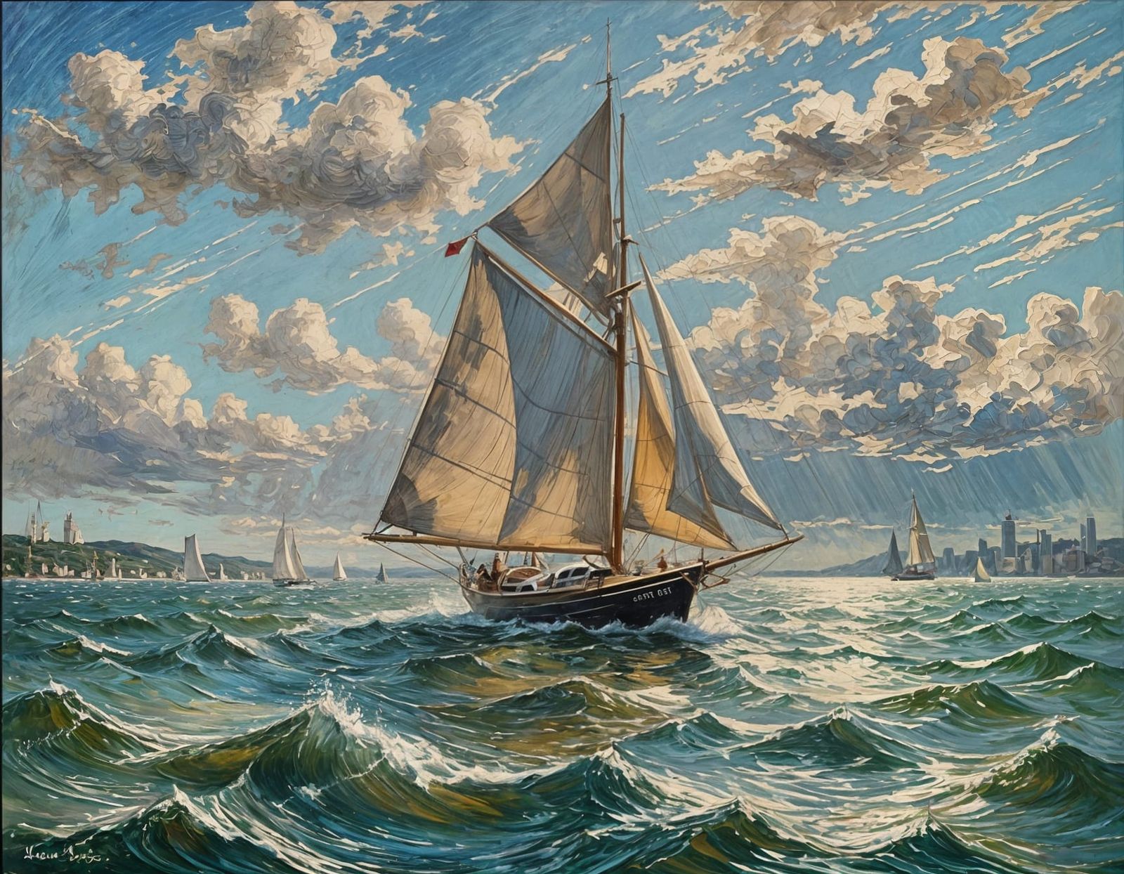 Impasto Sailboat Painting on a Windy Bay