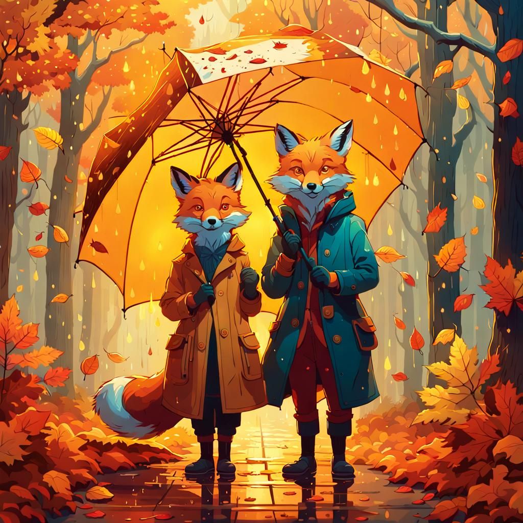 Foxes with Leaf Umbrella in Autumnal Forest