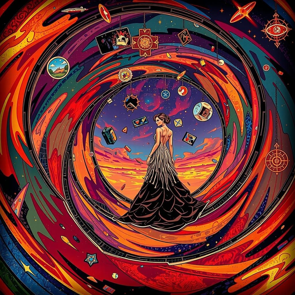 Elegant Woman on Staircase to Abstract Sky