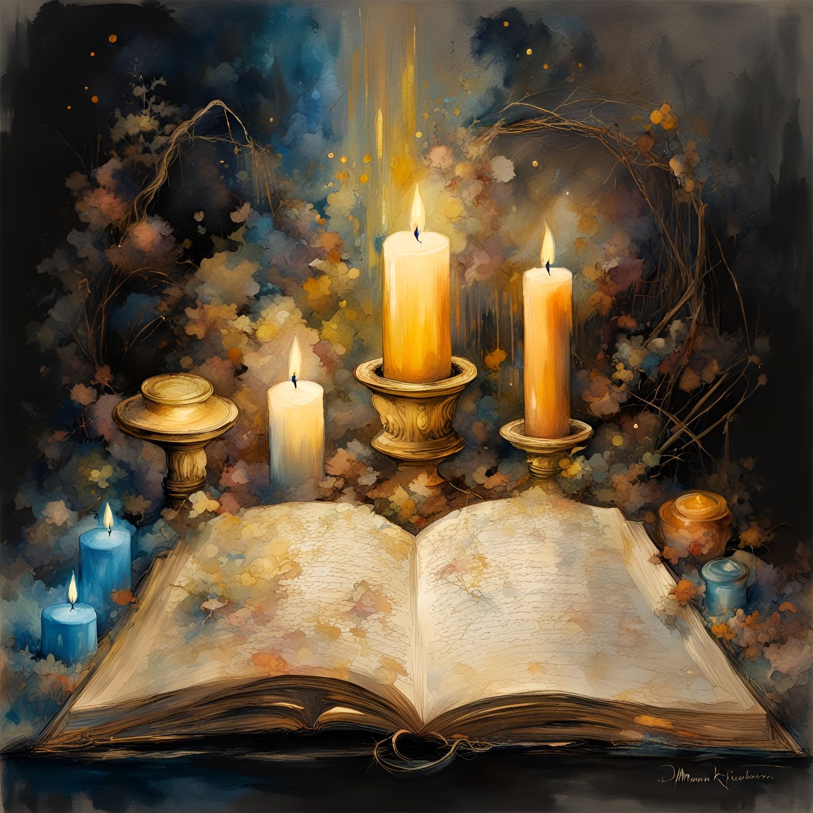 Heavenly Fantasy Scene with Open Book and Candles