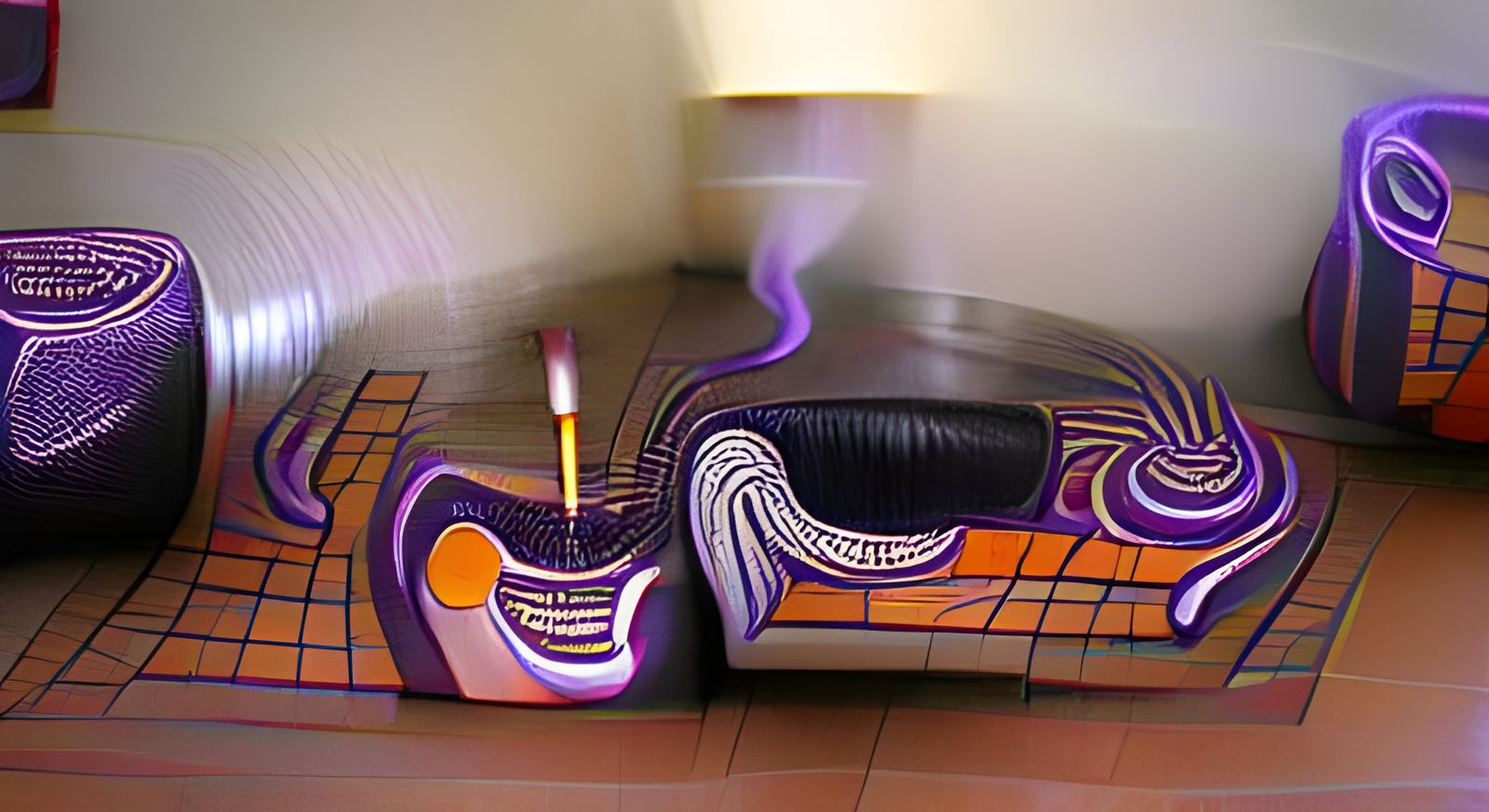Cozy Scene with Purple Couch, Record Player and Candles
