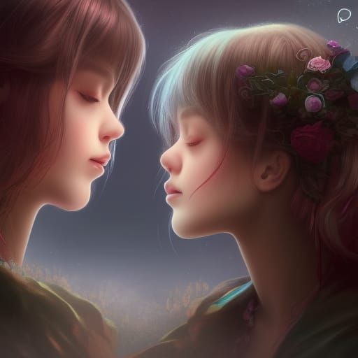 Teenage Girls Kissing as Digital Painting