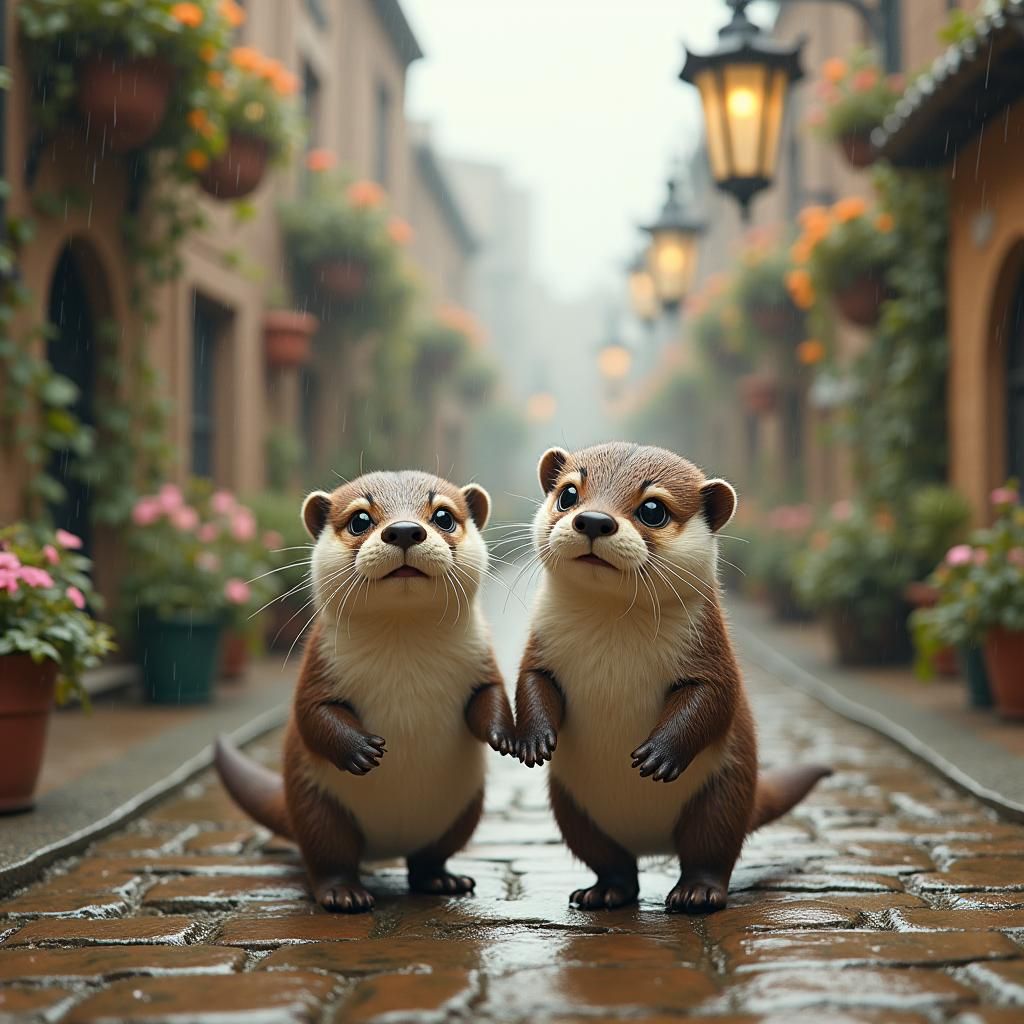 Otters on Cobblestone Street: Storybook Illustration