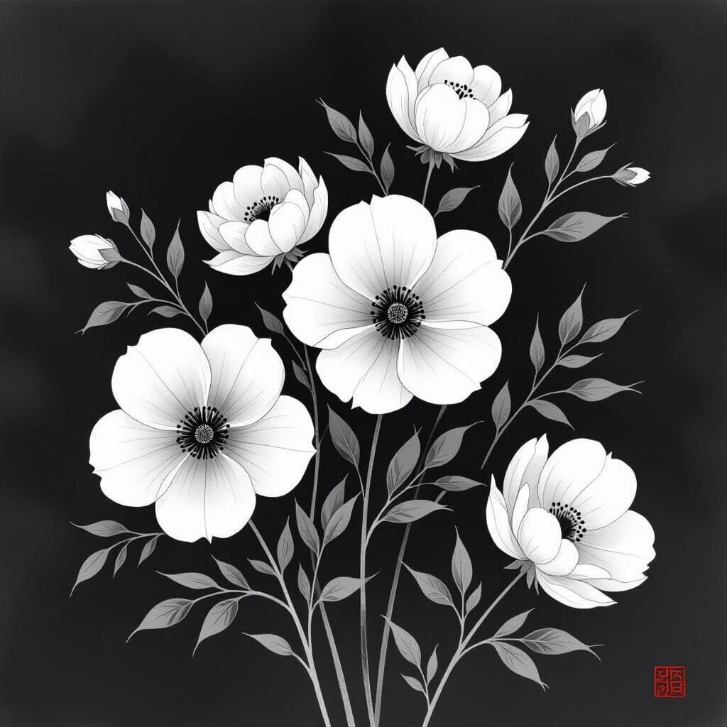 Minimalist Ink Drawing of Pretty Flowers in East Asian Style