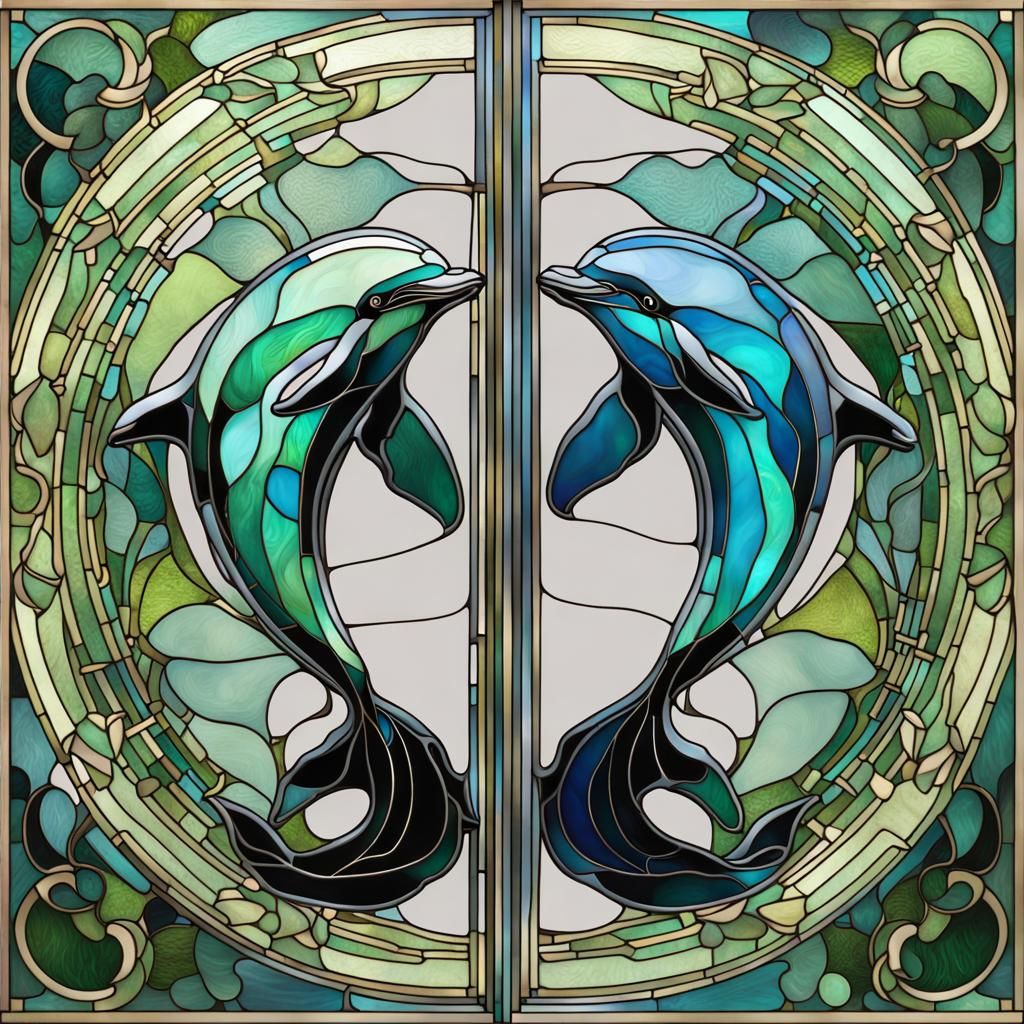 Yin Yang Dolphins in Art Nouveau Stained Glass