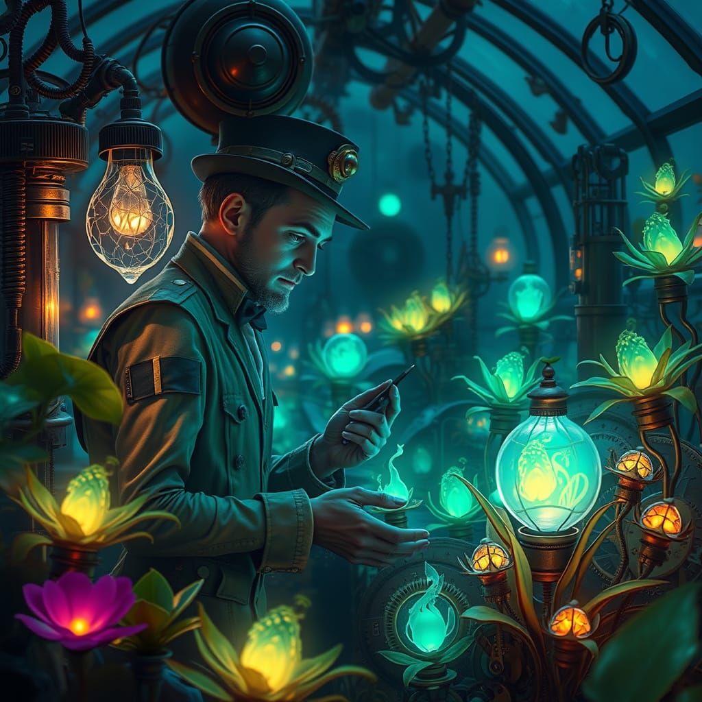 Clockwork Greenhouse with Bioluminescent Plants in Steampunk...