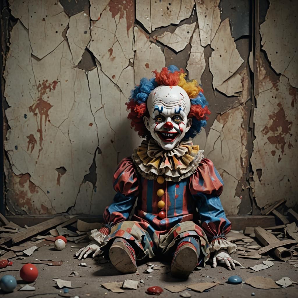 Cracked Porcelain Clown Doll in Dusty Attic
