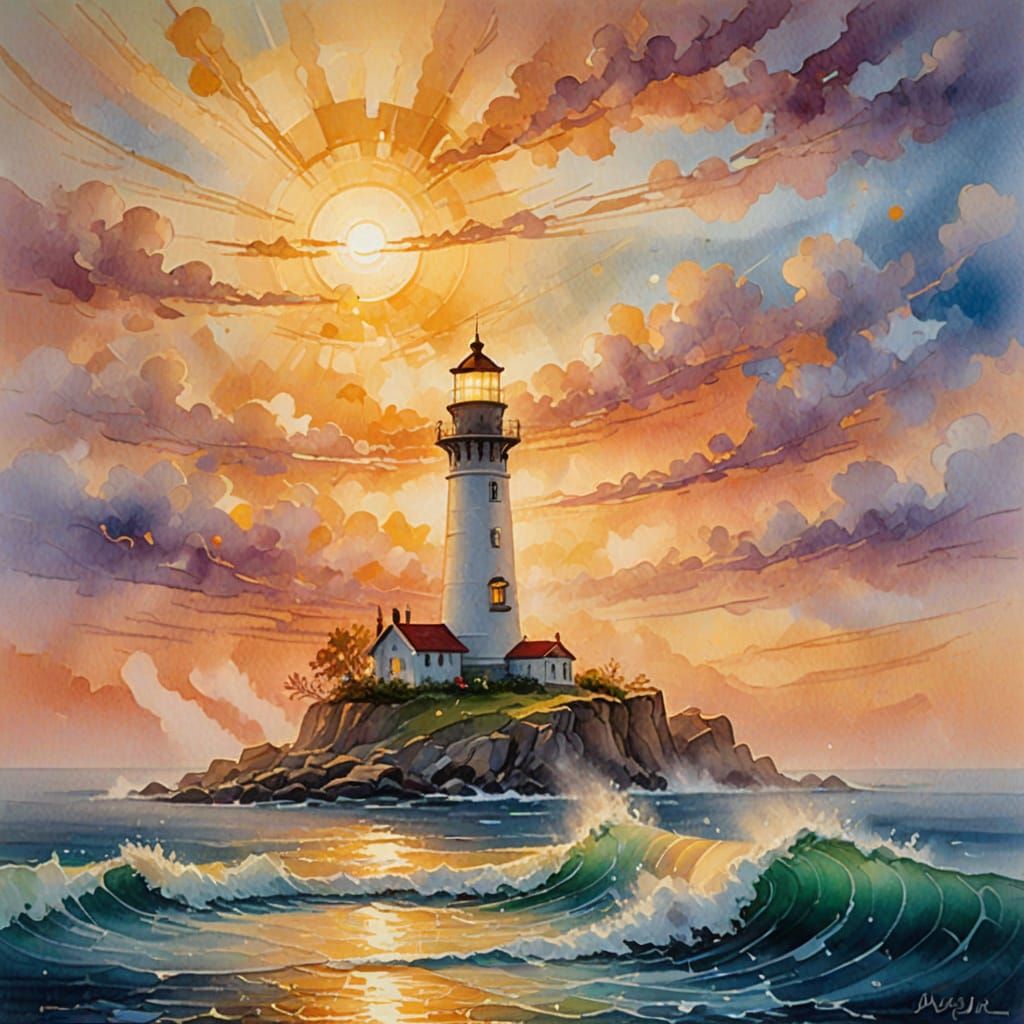 Romantic Watercolor Lighthouse in Ethereal Dawn Mist
